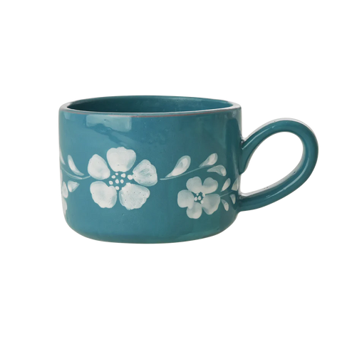 Taza de cerámica jade con flores pintadas a mano